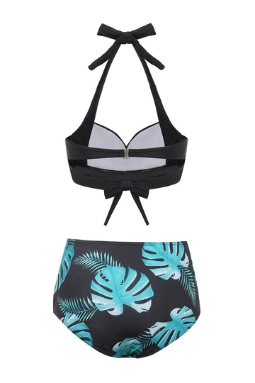 Noir Vert Feuilles Deux Pièces Bikini